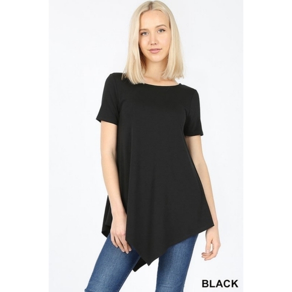 ZENANA Short Sleeve Black Asymmetrical Hem Top Tunic t-shirt Size Small NWT - Picture 1 of 2